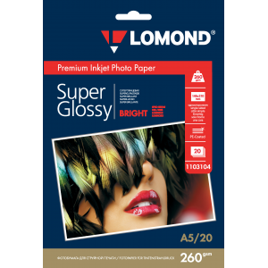 Фотобумага Super Glossy А5, 260г/м2, 20л, 1-сторонняя для струйной печати, Lomond 1103104