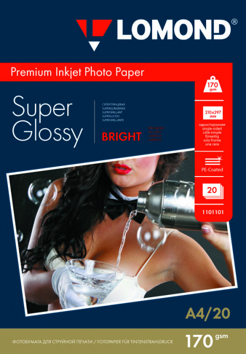 Фотобумага суперглянцевая Super Glossy Bright  для струйной печати, А4, 170г/м2, 20 листов, Lomond 1101101