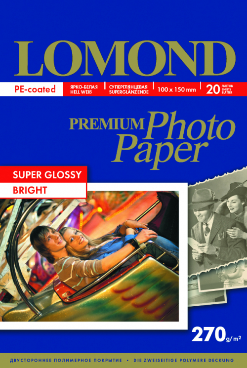 Фотобумага суперглянцевая Super Glossy Bright  для струйной печати, А6 (100х150 мм), 270г/м2, 20 листов, Lomond 1106102
