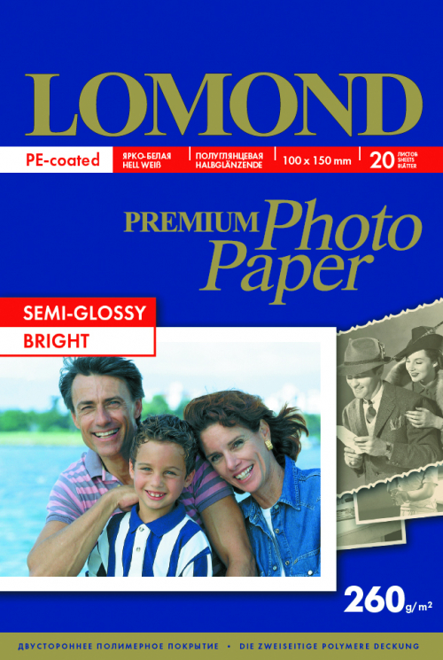 Фотобумага полуглянцевая Semi Glossy Bright  для струйной печати, А6 (100х150 мм), 260г/м2, 20 листов, Lomond 1103302