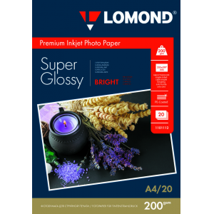 Фотобумага Super Glossy А4, 200г/м2, 20л, 1-сторонняя для струйной печати, Lomond 1101112