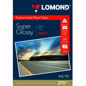 Фотобумага Super Glossy А4, 270г/м2, 20л, 1-сторонняя для струйной печати, Lomond 1106100