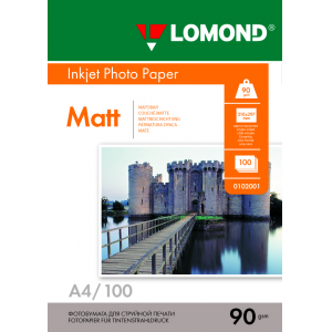 Фотобумага матовая А4, 90г/м2, 100л, 1-сторонняя для струйной печати, Lomond 0102001