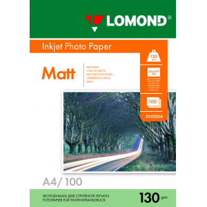 Фотобумага матовая А4, 130г/м2, 100л, 2-сторонняя для струйной печати, Lomond 0102004