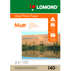 Фотобумага матовая А4, 140г/м2, 100л, 1-сторонняя для струйной печати, Lomond 0102074