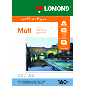 Фотобумага матовая А4, 160г/м2, 100л, 1-сторонняя для струйной печати, Lomond 0102005