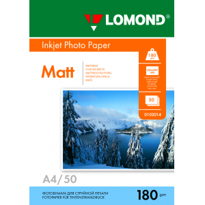 Фотобумага матовая А4, 180г/м2, 50л, 1-сторонняя для струйной печати, Lomond 0102014