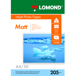 Фотобумага матовая А4, 205г/м2, 50л, 1-сторонняя для струйной печати, Lomond 0102085