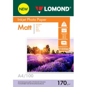 Фотобумага матовая А4, 170г/м2, 100л, 1-сторонняя для струйной печати, Lomond 0102067