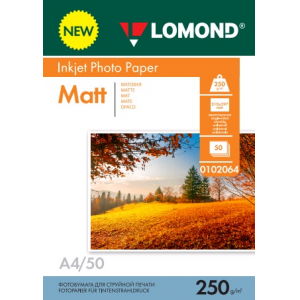 Фотобумага матовая А4, 250г/м2, 50л, 1-сторонняя для струйной печати, Lomond 0102064