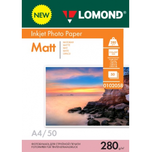 Фотобумага матовая А4, 280г/м2, 50л, 1-сторонняя для струйной печати, Lomond 0102058