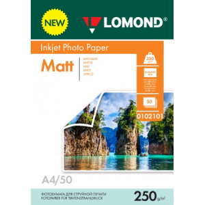 Фотобумага матовая А4, 250г/м2, 50л, 2-сторонняя для струйной печати, Lomond 0102101