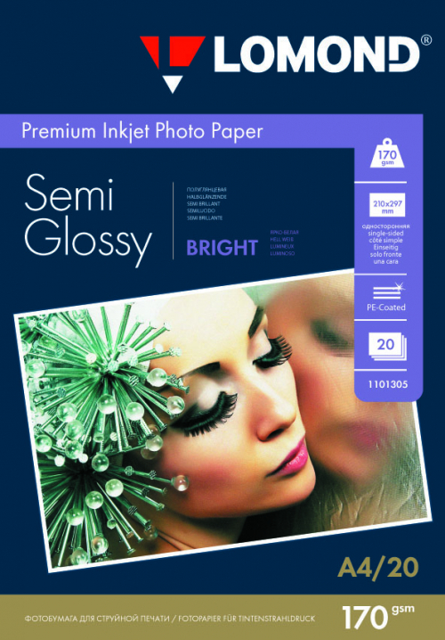 Фотобумага полуглянцевая Semi Glossy Bright  для струйной печати, А4, 170г/м2, 20 листов, Lomond 1101305