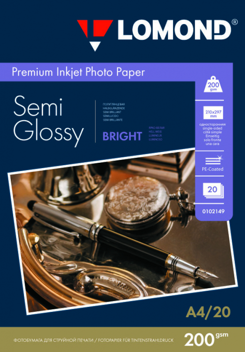 Фотобумага полуглянцевая Semi Glossy Bright  для струйной печати, А4, 200г/м2, 20 листов, Lomond 0102149
