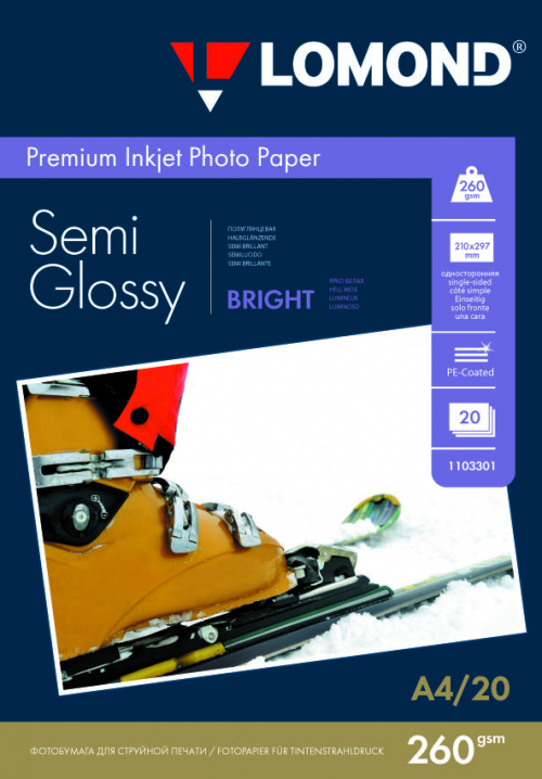 Фотобумага полуглянцевая Semi Glossy Bright  для струйной печати, А4, 260г/м2, 20 листов, Lomond 1103301