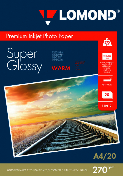 Фотобумага суперглянцевая Super Glossy Warm для струйной печати, А4, 270г/м2, 20 листов, Lomond 1106101