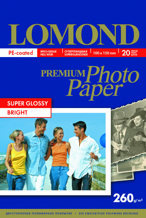 Фотобумага суперглянцевая Super Glossy Bright  для струйной печати, А6 (100х150 мм), 260г/м2, 20 листов, Lomond 1103102