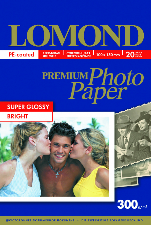Фотобумага суперглянцевая Super Glossy Bright  для струйной печати, А6 (100х150 мм), 300г/м2, 20 листов, Lomond 1109101