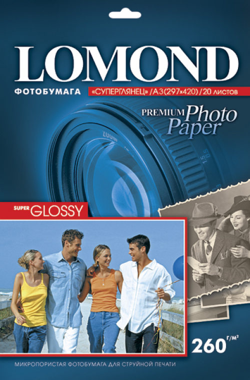 Фотобумага Super Glossy А3, 260г/м2, 20л, 1-сторонняя для струйной печати, Lomond 1103130