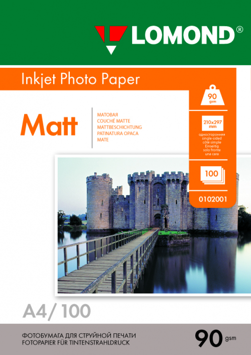 Фотобумага матовая односторонняя для струйной печати, А4, 90г/м2, 100 листов, Lomond 0102001