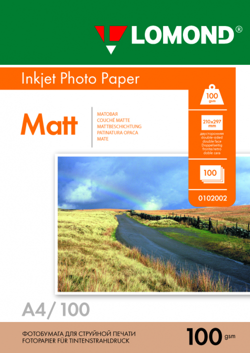 Фотобумага матовая двухсторонняя для струйной печати, А4, 100г/м2, 100 листов, Lomond 0102002