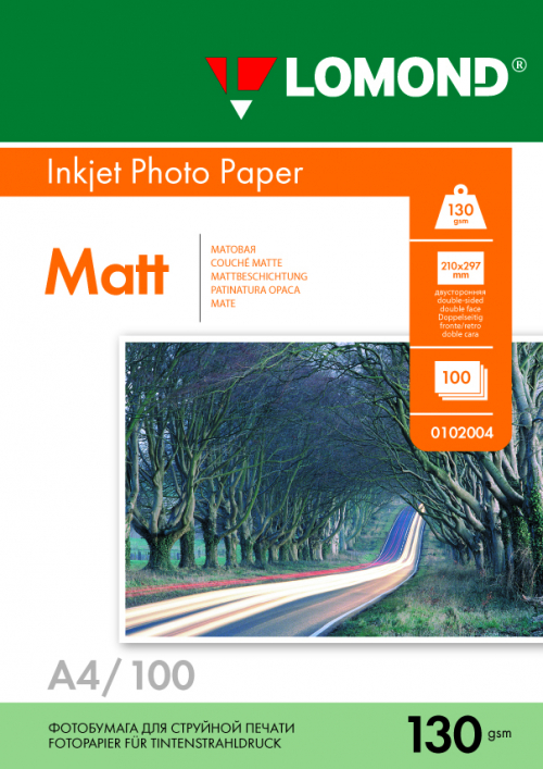 Фотобумага матовая двухсторонняя для струйной печати, А4, 130г/м2, 100 листов, Lomond 0102004