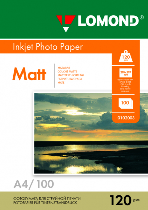 Фотобумага матовая односторонняя для струйной печати, А4, 120г/м2, 100 листов, Lomond 0102003