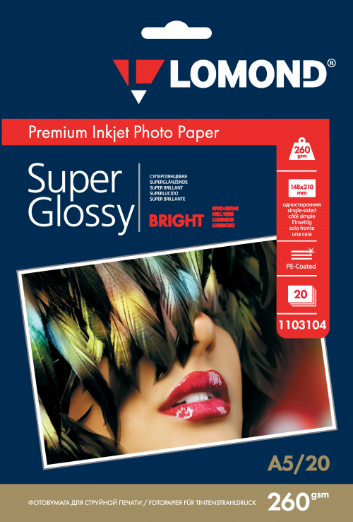 Фотобумага суперглянцевая Super Glossy Bright  для струйной печати, А5 (148х210мм), 260г/м2, 20 листов, Lomond 1103104